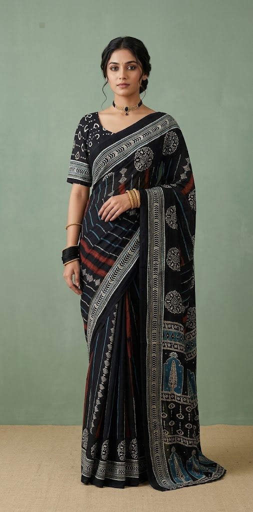 Modal silk saree with bead and mirror work , stitched blouse