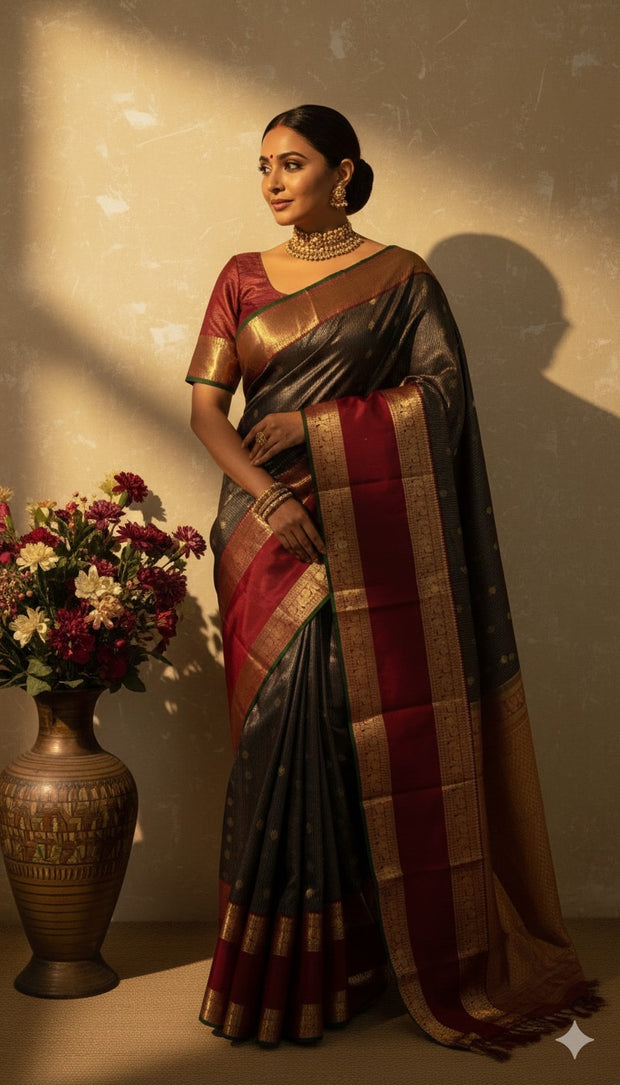 Navy Blue and Maroon Kanchivaram Saree With Stitched Blouse