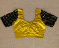 Mustard yellow modal silk blouse with mirror work and brown bandej sleeves