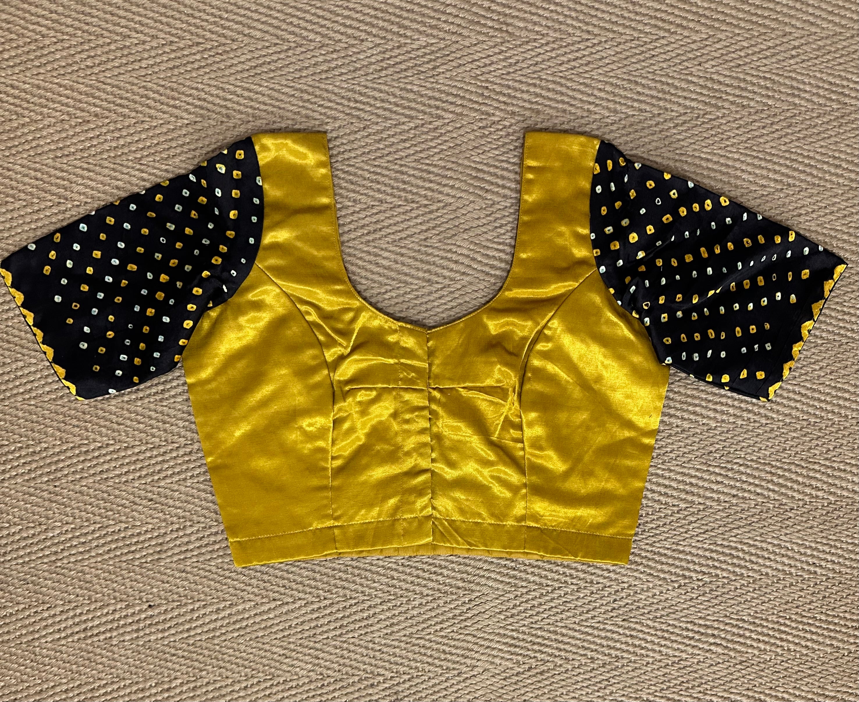 Mustard yellow modal silk blouse with mirror work and brown bandej sleeves
