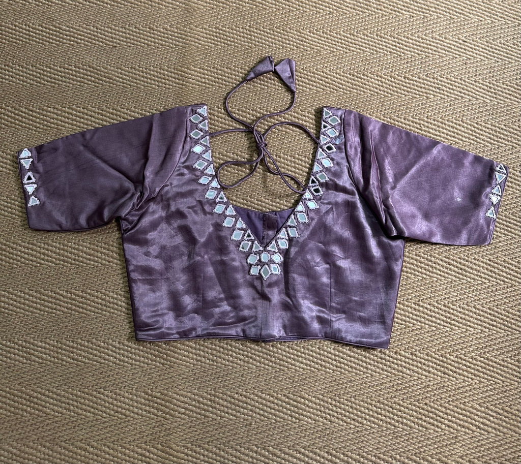 French lilac modal silk blouse with mirror work