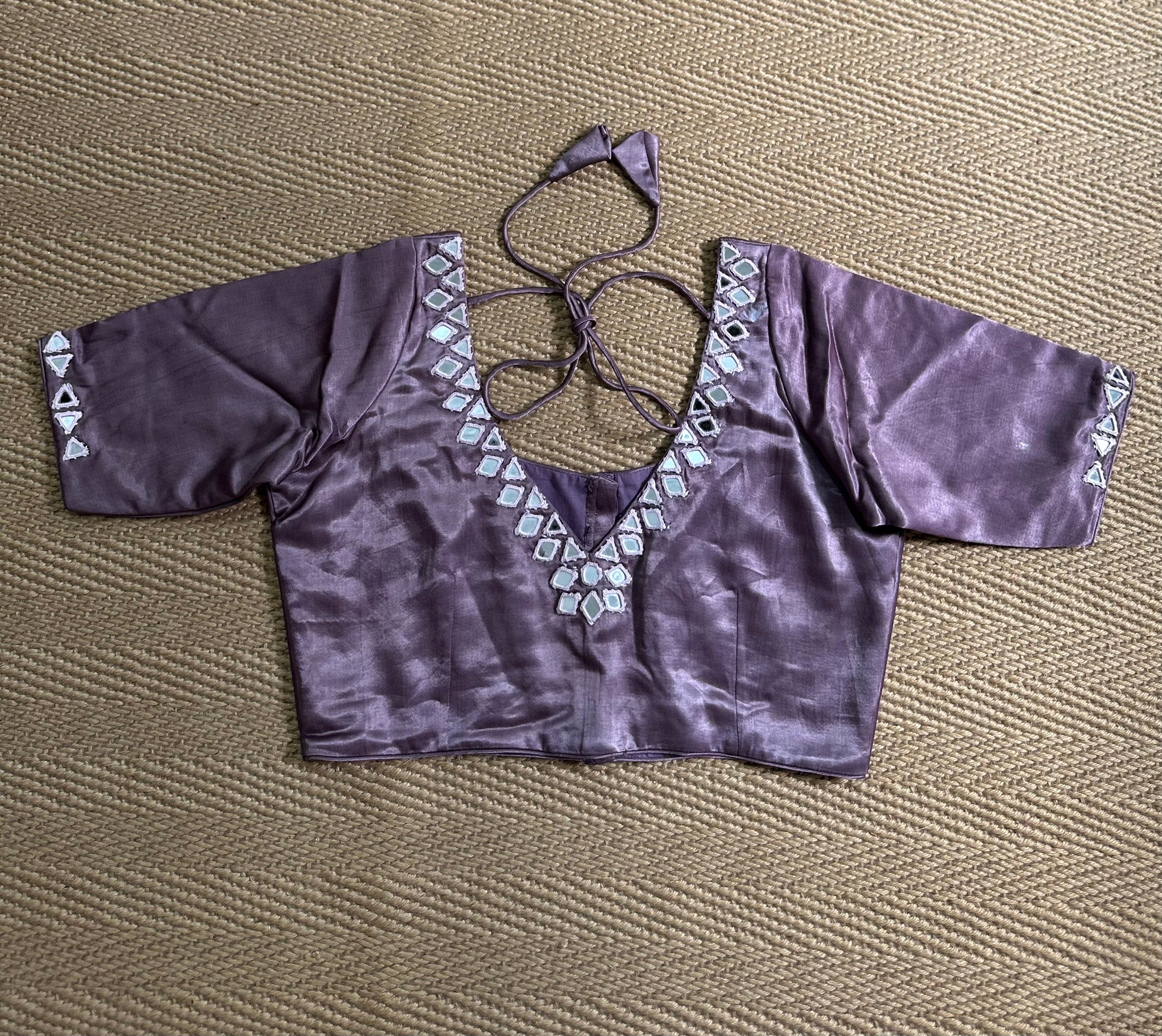 French lilac modal silk blouse with mirror work