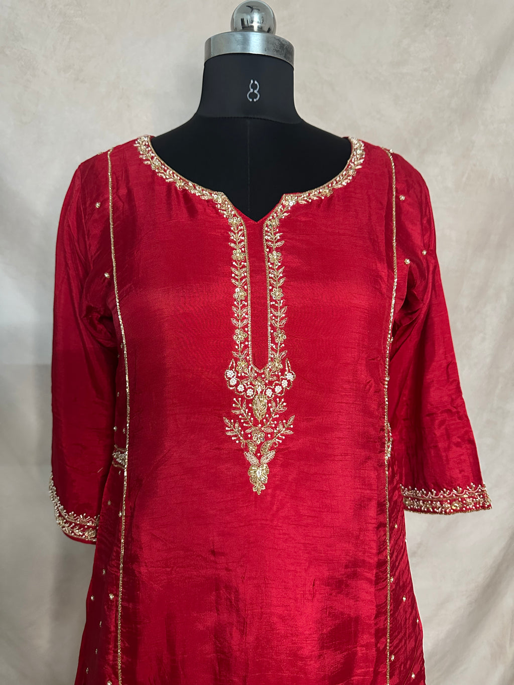 Red color cotton silk kurti with handwork, with bottom and dupatta