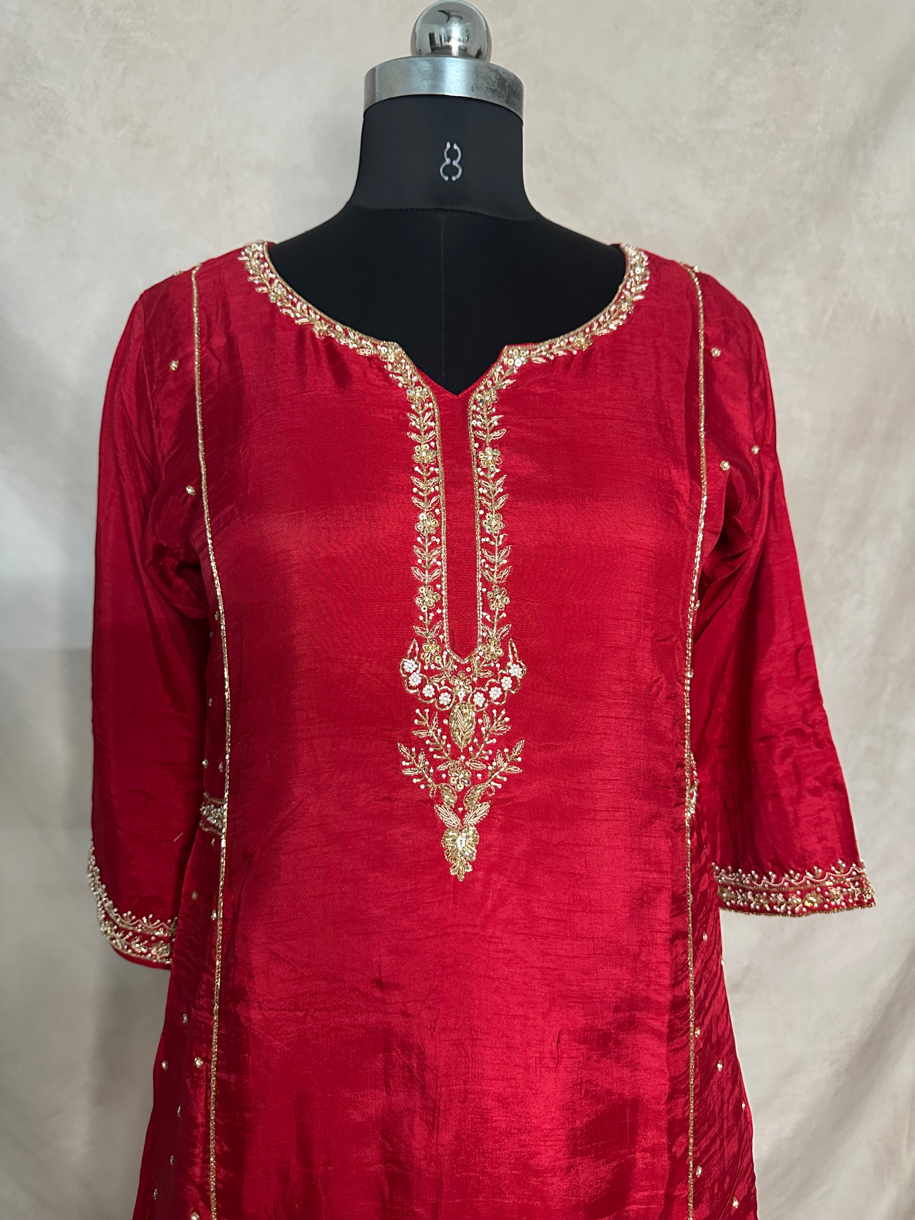 Red color cotton silk kurti with handwork, with bottom and dupatta