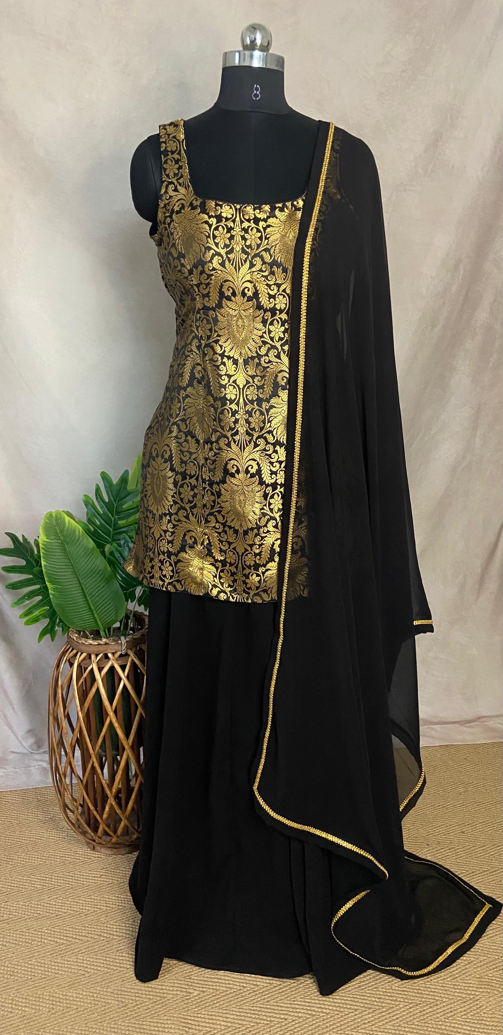 Black Banarsi brocade silk short kuti with flared palazzo