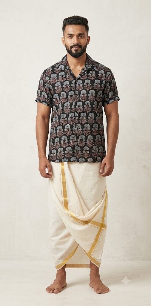 Ajrakh handblock printed Cuban colar shirts in pure modal silk