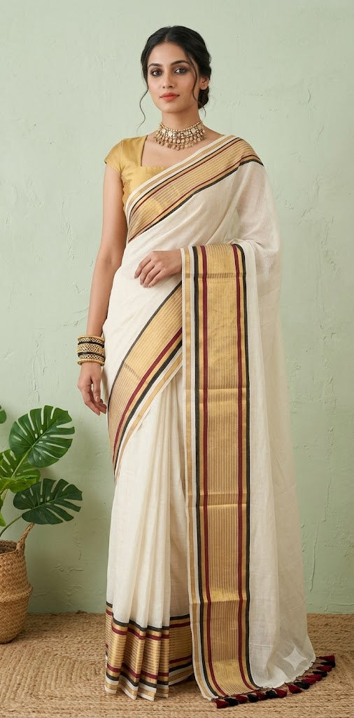 Maroon and black border 120 count mulcotton saree