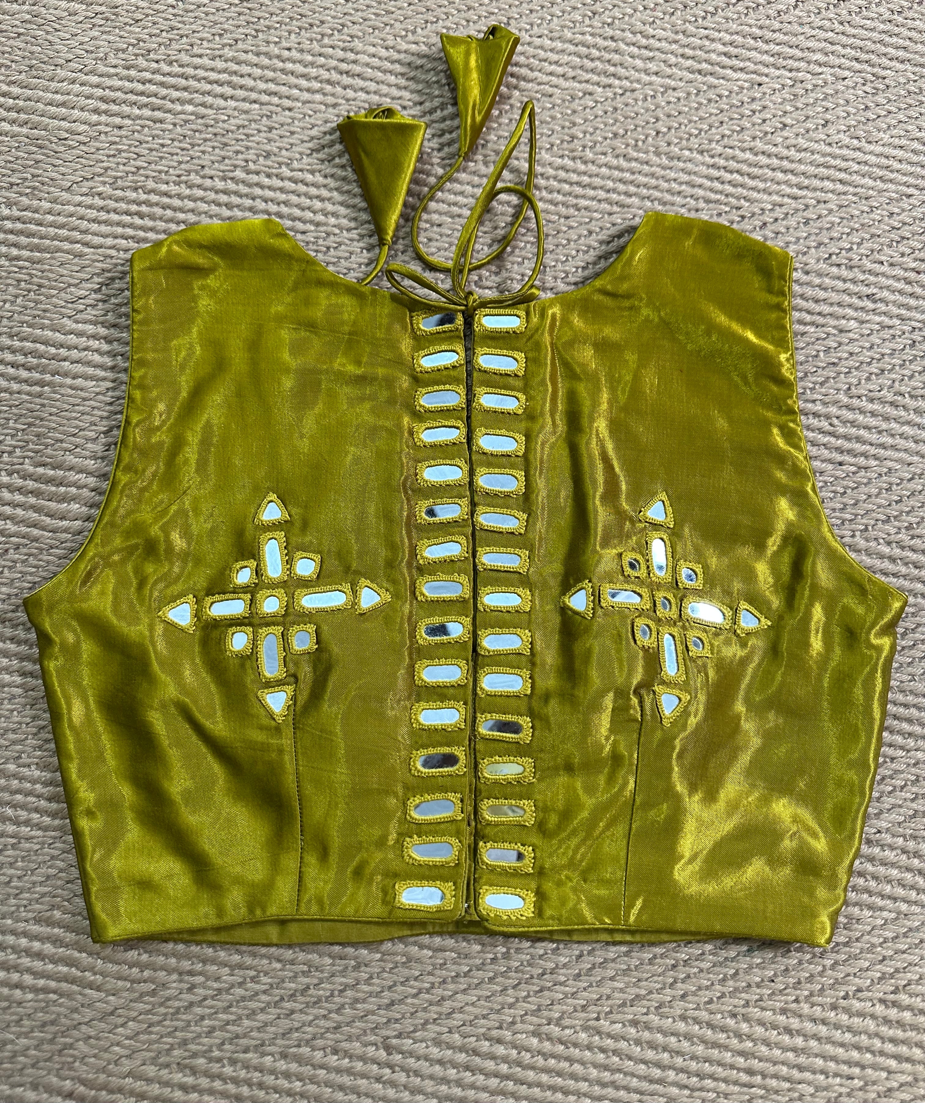 Mustard yellow modal silk blouse with mirror work