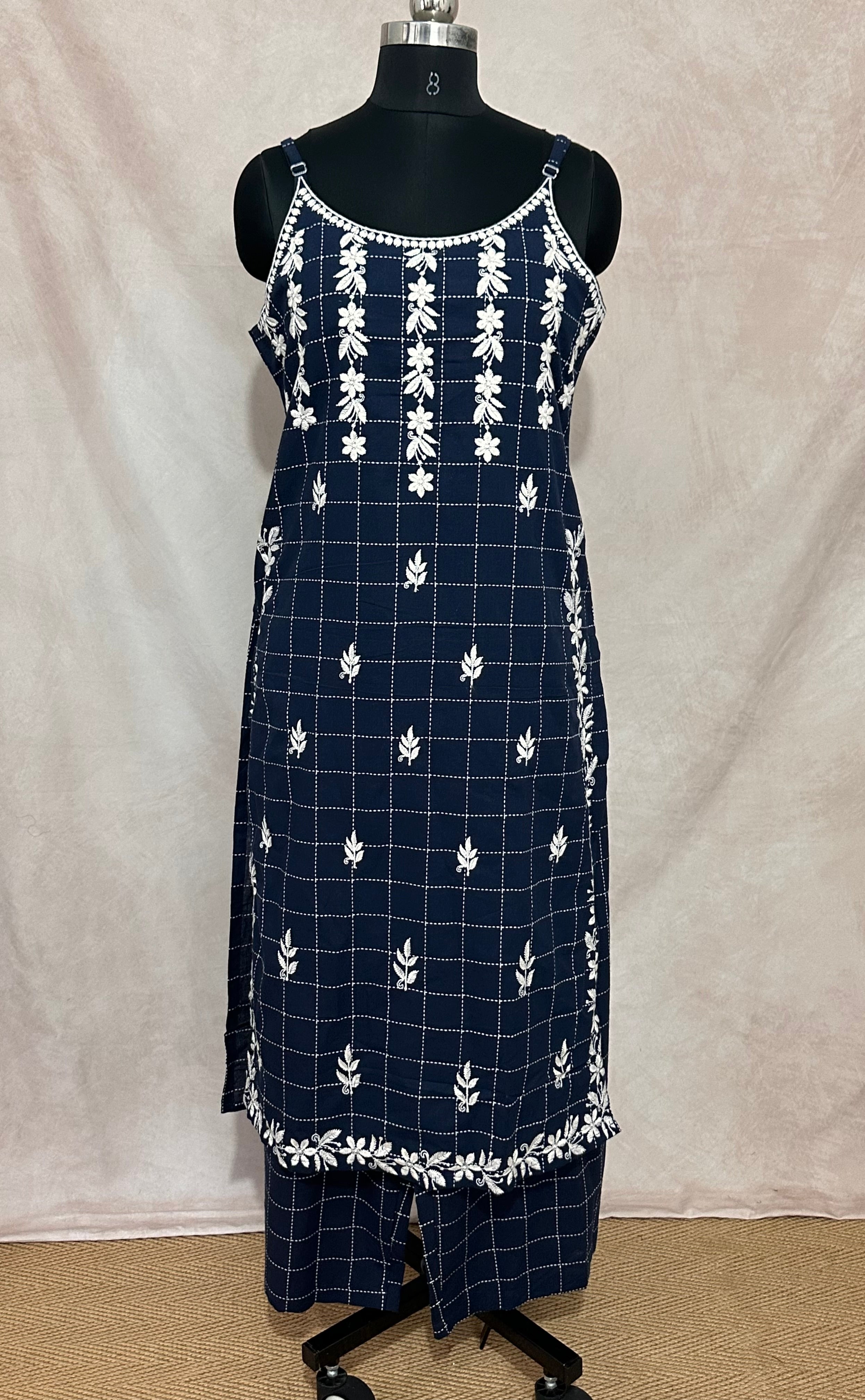 Navy blue  sleeveless kurti with chikankari kurti with bottom