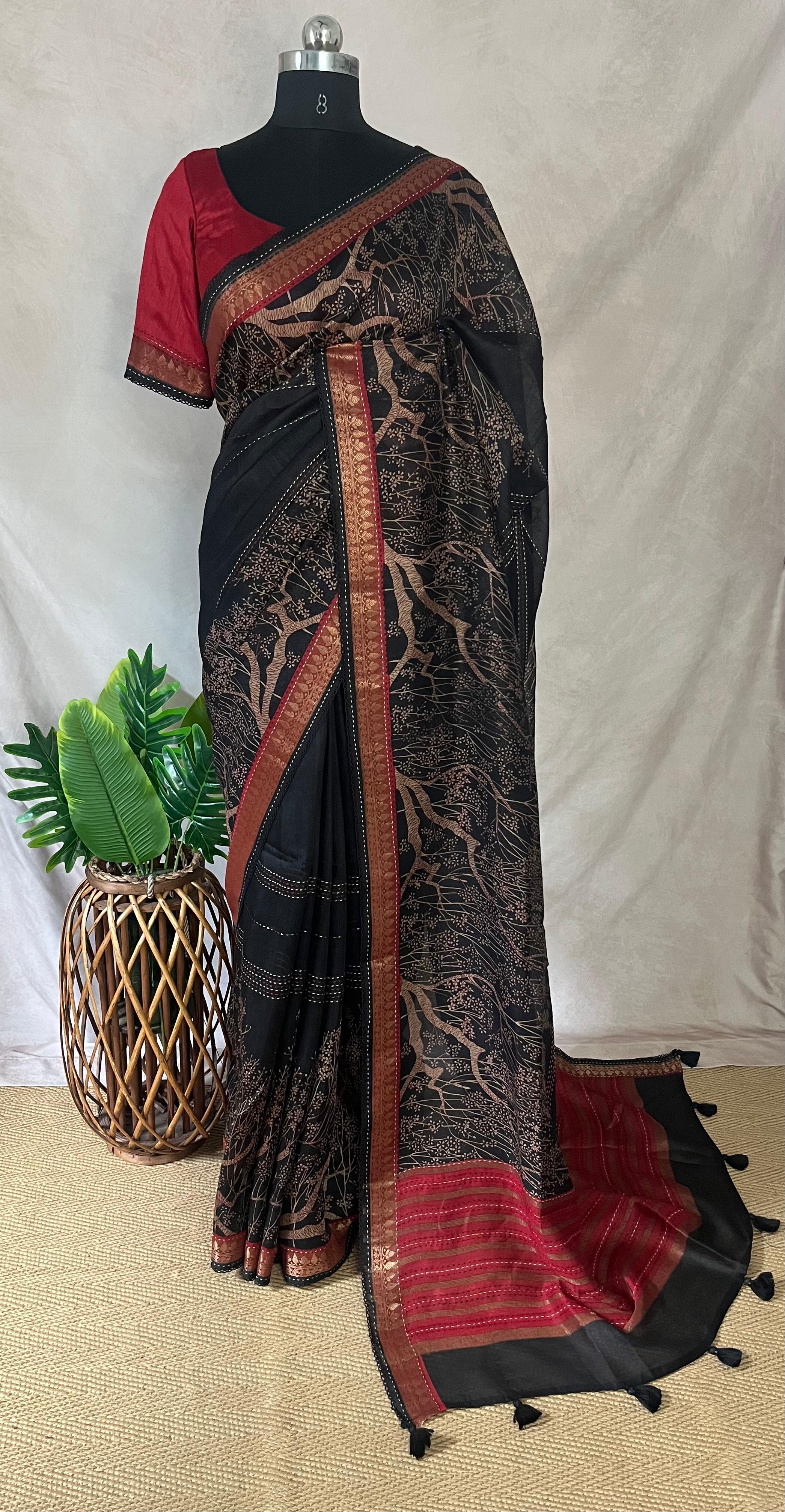 Printed blended tussar silk saree with kanta work and stitched blouse