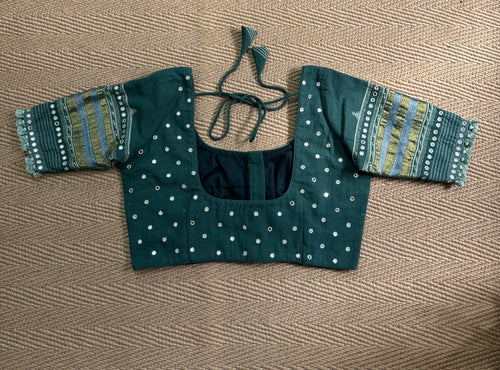 Bottle green Kala cotton blouse with mirror work