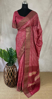 Coral pink print pure tussar silk saree with stitched blouse
