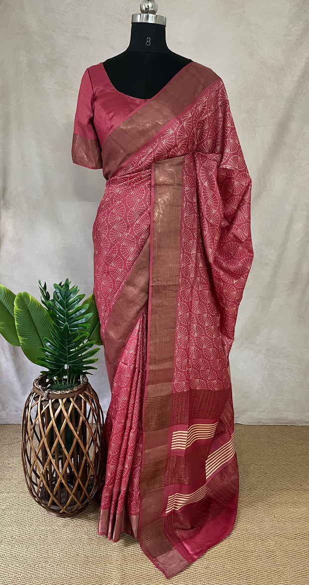 Coral pink print pure tussar silk saree with stitched blouse