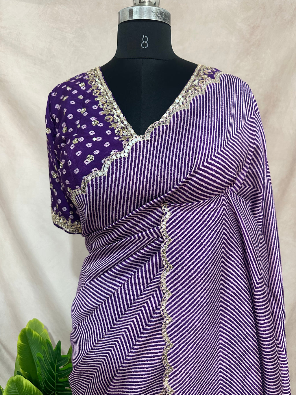 Lahariya printed tussar silk saree with handwork , stitched blouse