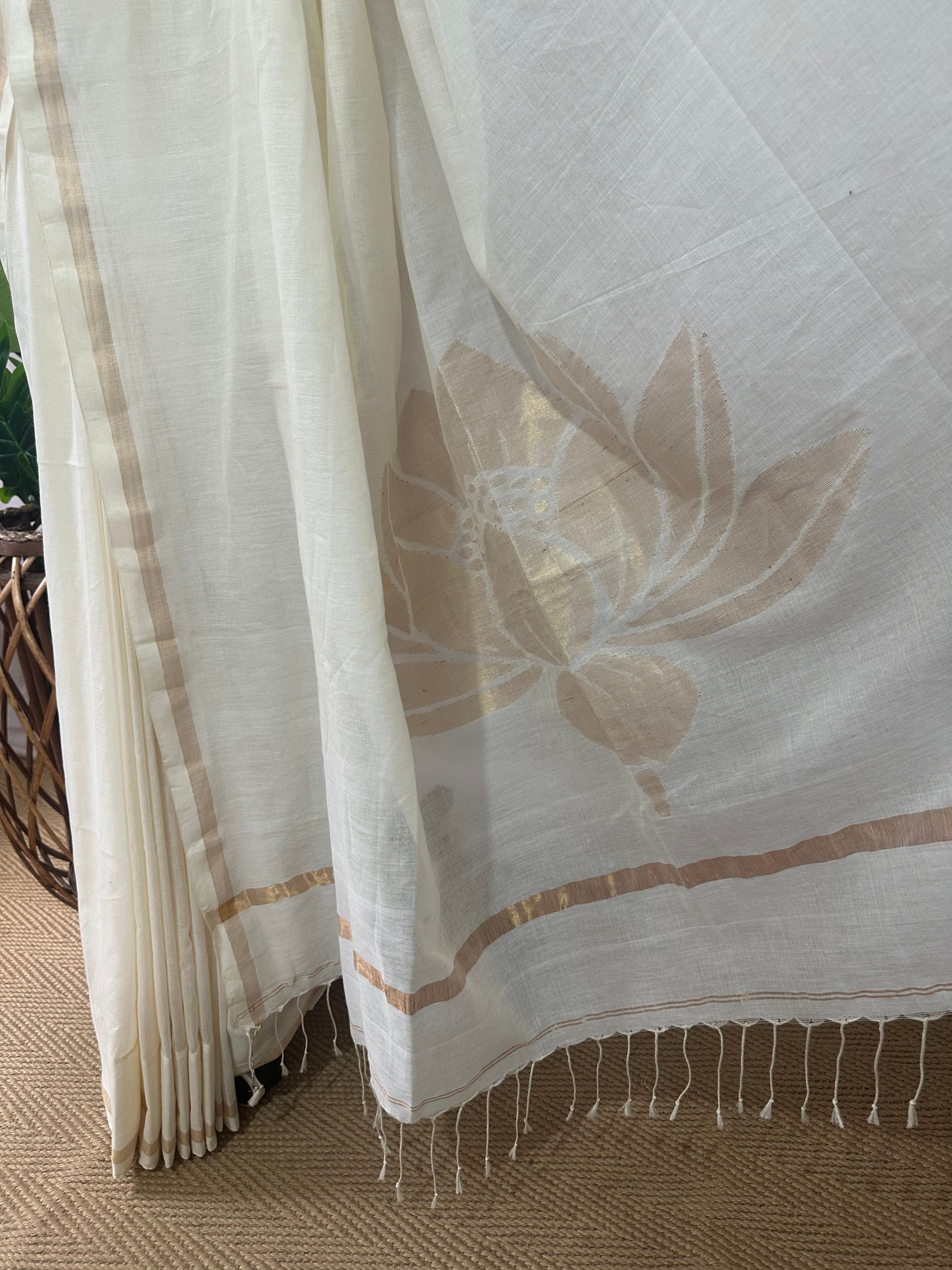 Padma - Pure cotton Cream color saree with Handloom jamdhani weave