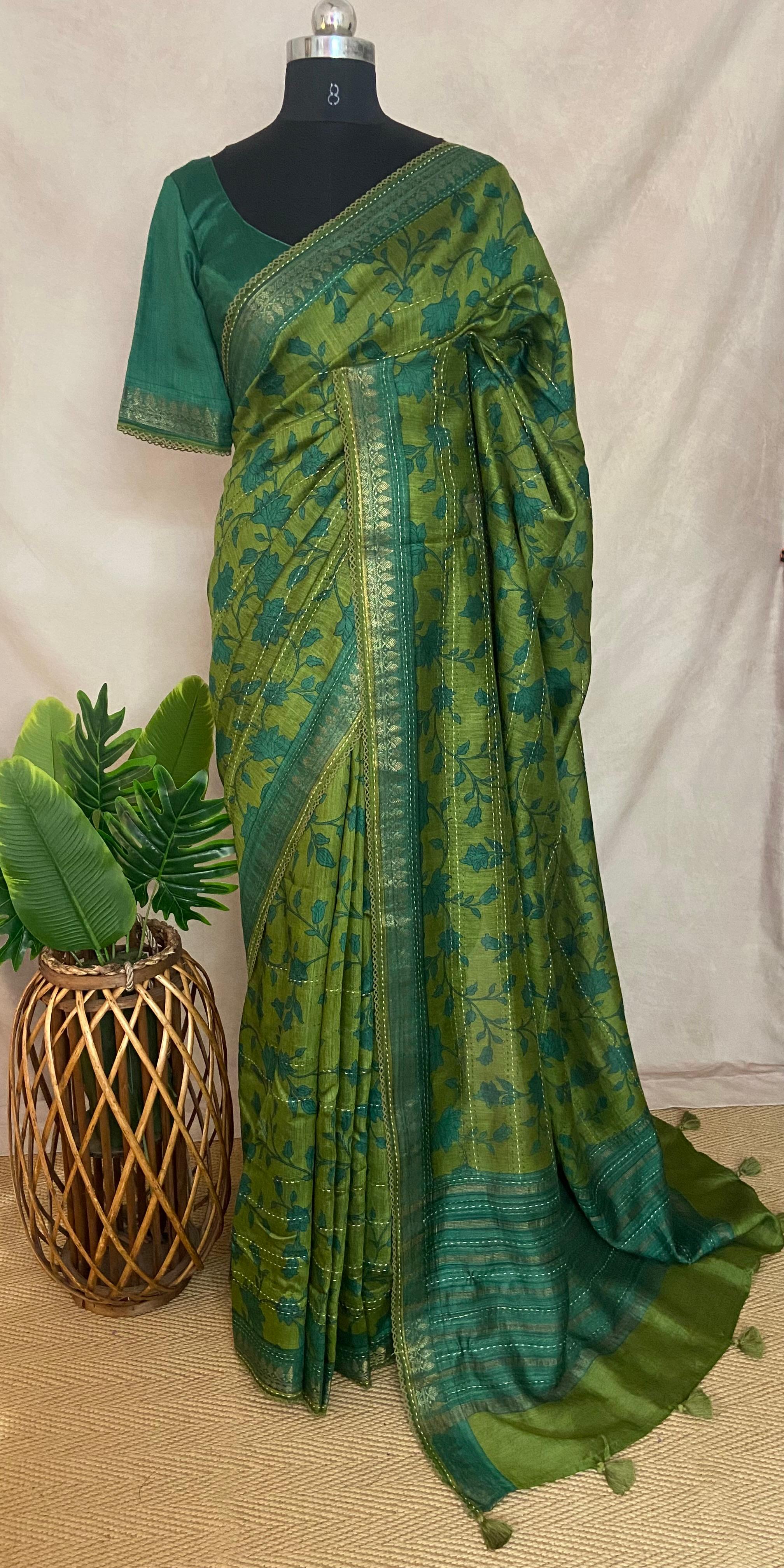 Printed blended tussar silk saree with kanta work and stitched blouse