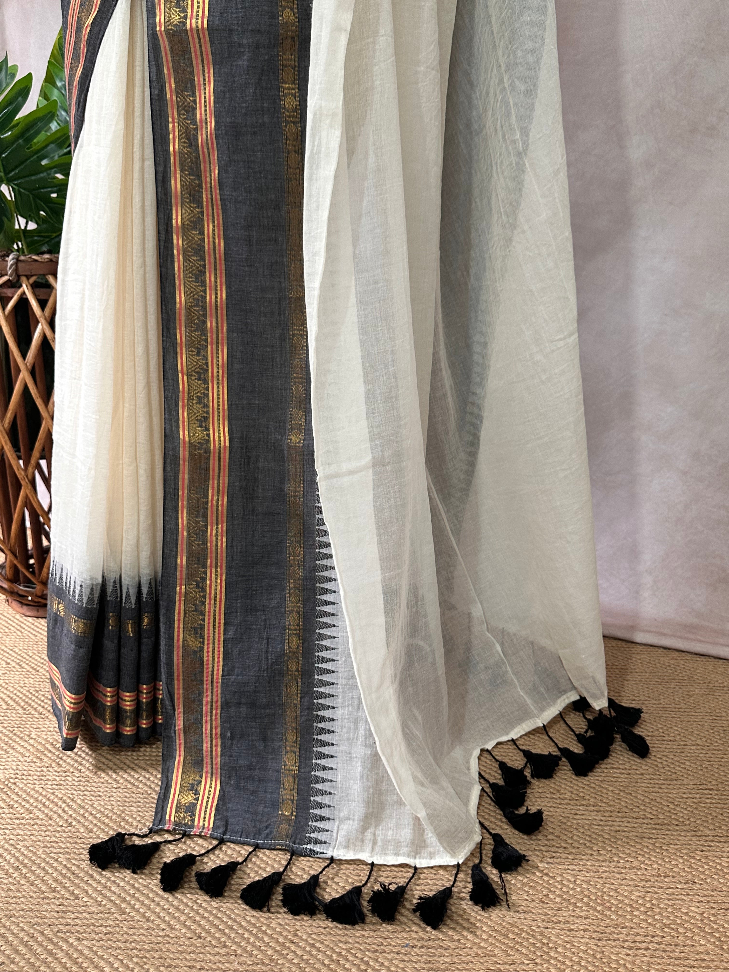 Black temple border 120 count mulcotton saree