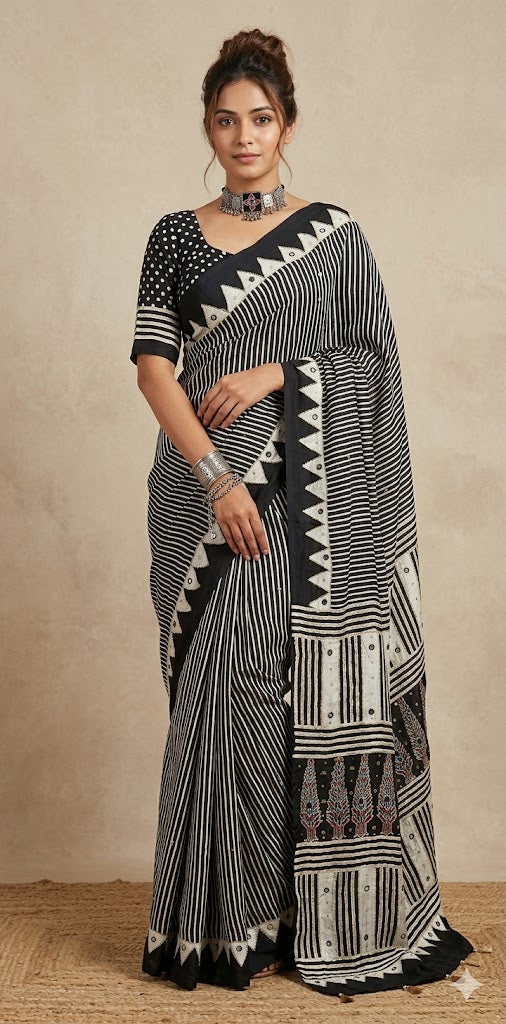 Designer Ajrakh modal silk saree with bead and mirroer handwork, stitched blouse