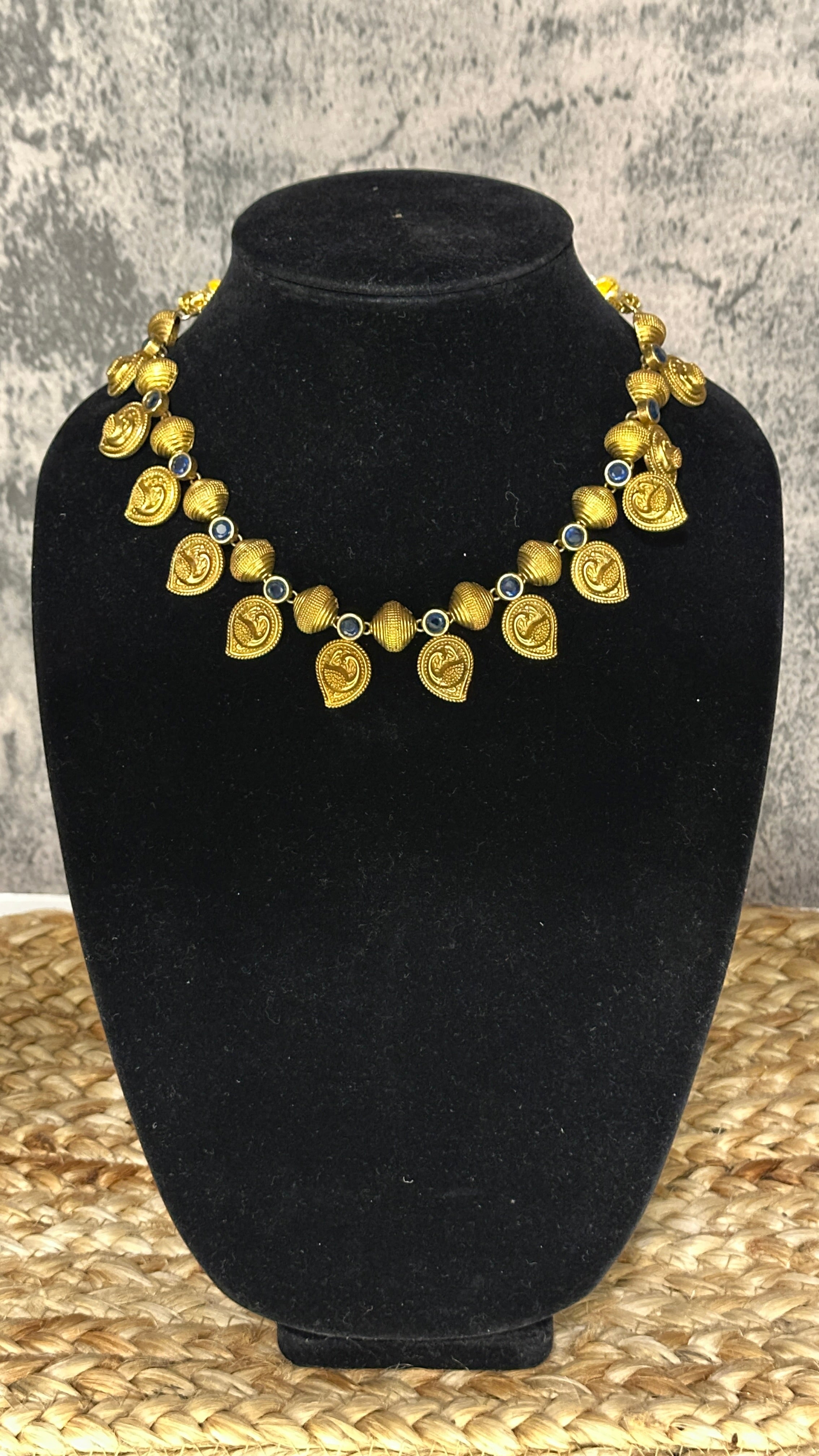 Brass mango necklace with blue stone and stud