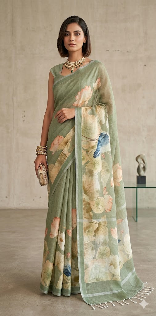 Linen digital Printed saree , with BP