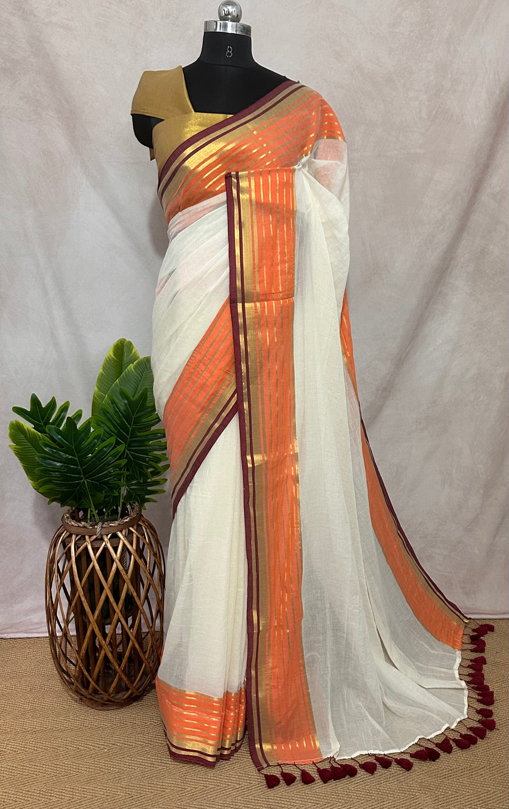 Maroon and orange border 120 count mulcotton saree