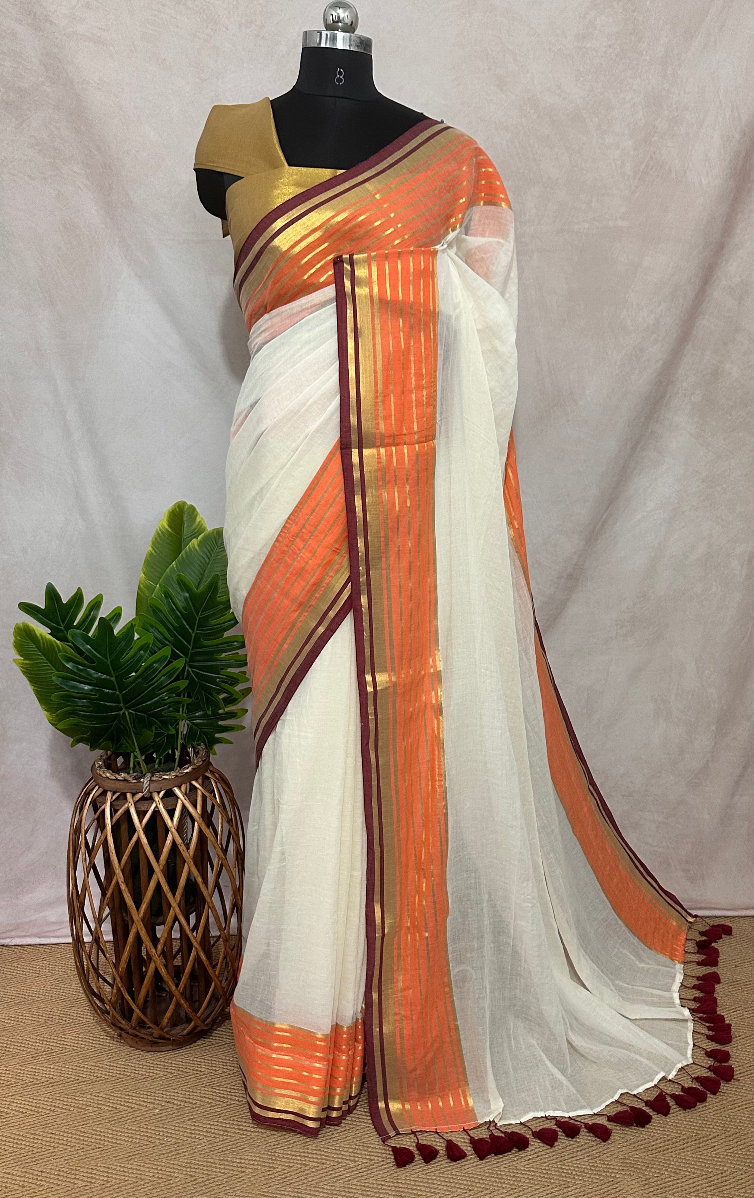 Maroon and orange border 120 count mulcotton saree