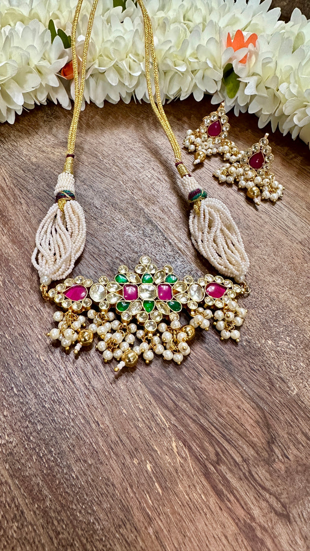 White, pink and green kundanchoker with earring