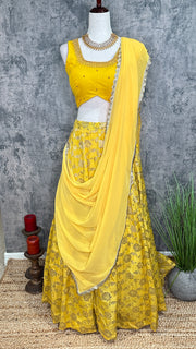 Yellow Banarsi Skirt with Blouse and Dupatta