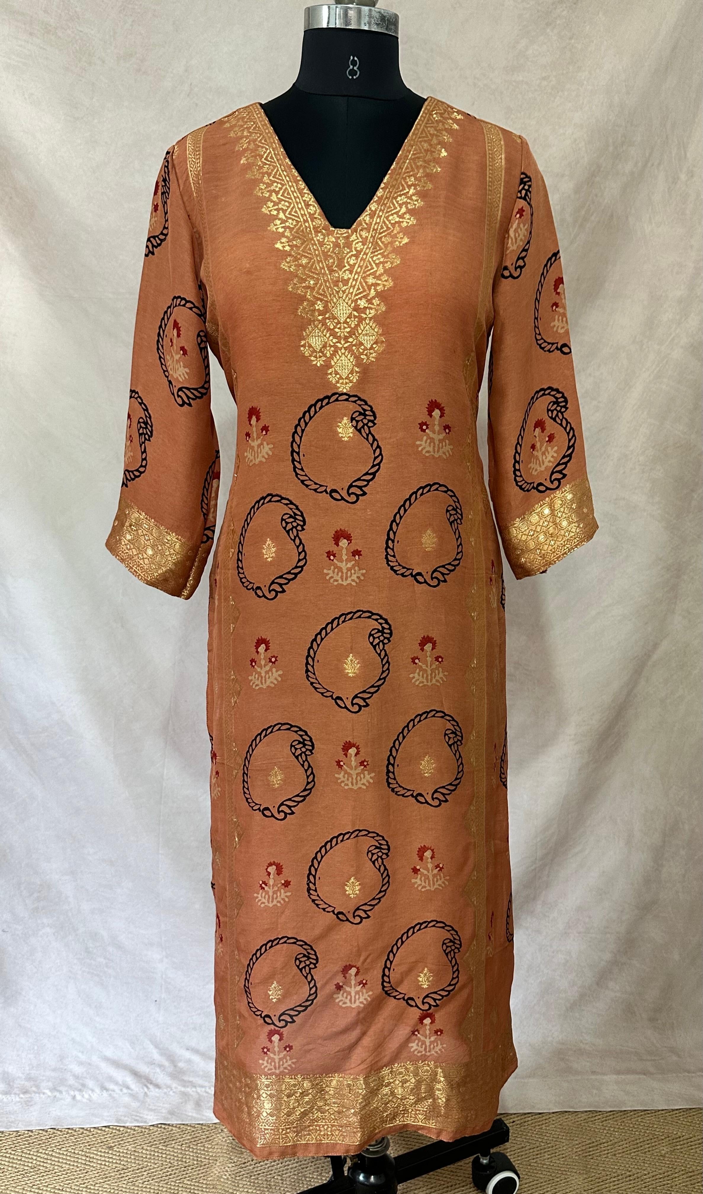 Dola silk kurti with ajrakh hand block print dupatta