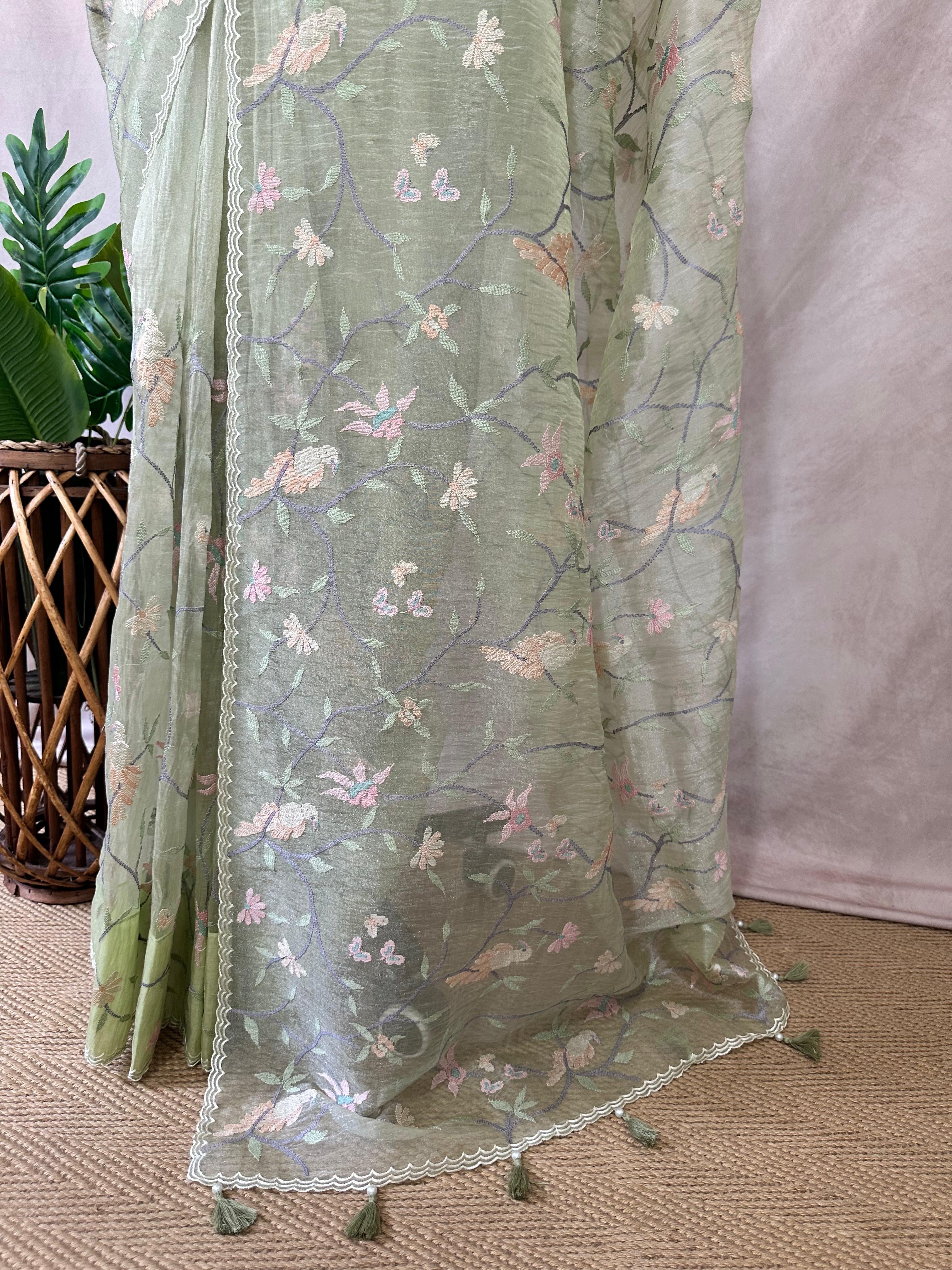 Light green glass organza with stitched blouse