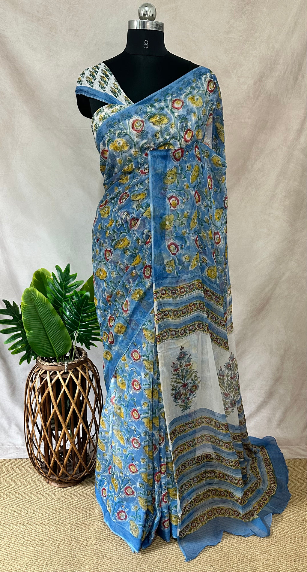 Premium handblock printed Pure Chiffon saree , with BP