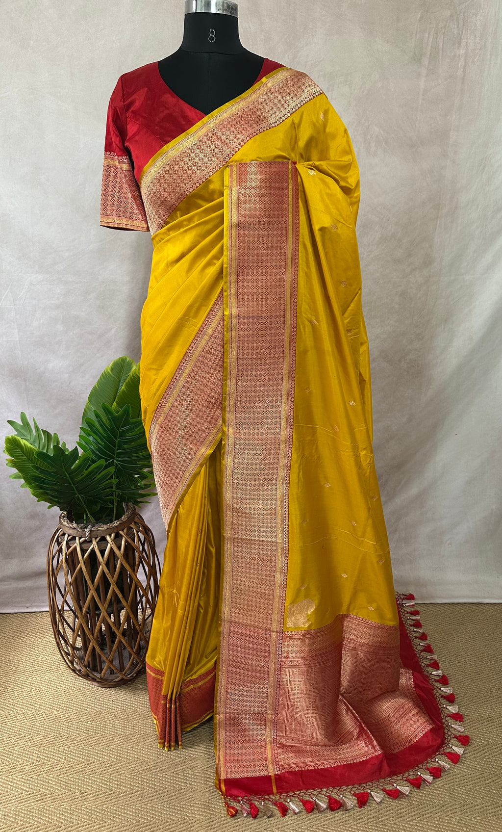 Yellow and red pure katan silk saree with stitched blouse