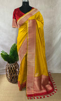 Yellow and red pure katan silk saree with stitched blouse