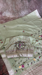 Grey Tissue Linen Saree with Hand Embroidery  and stitched blouse