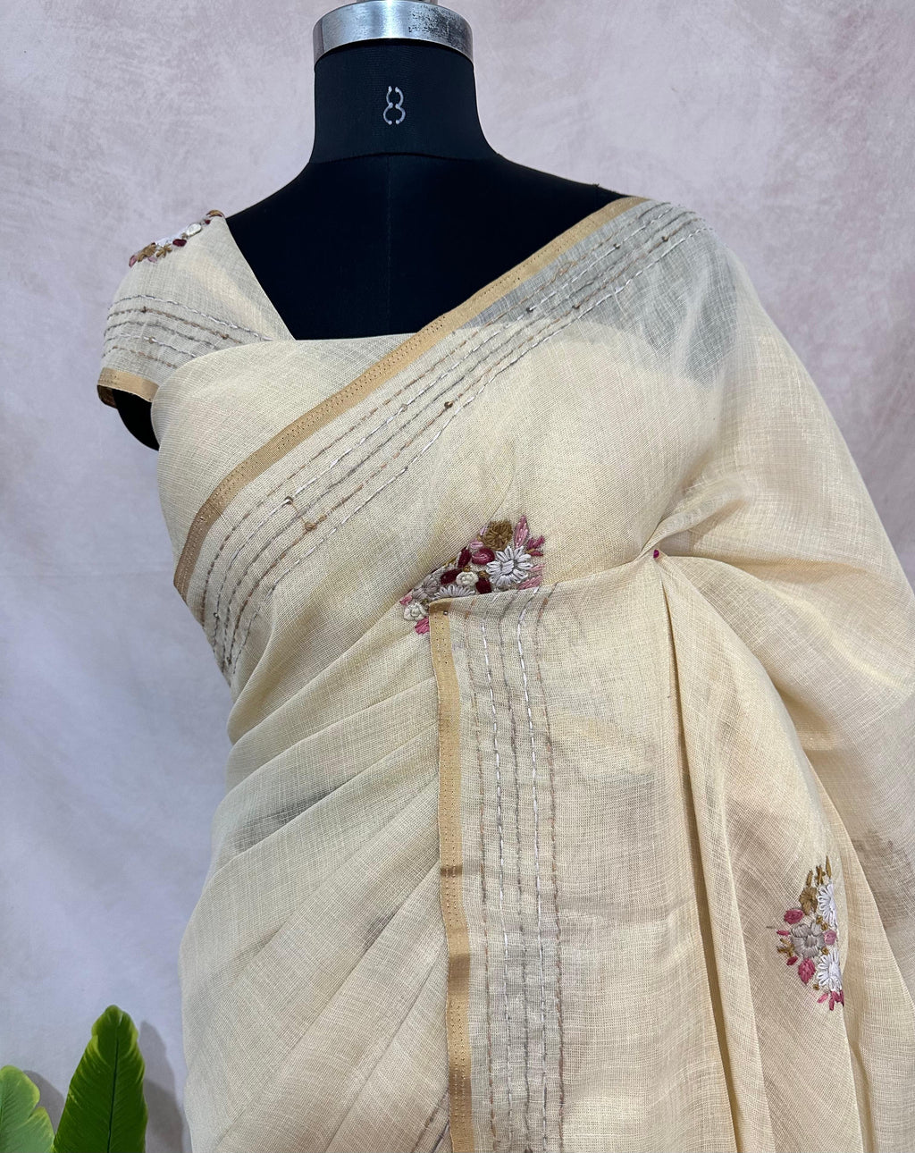 Soft linen tissue saree with handwork, with BP