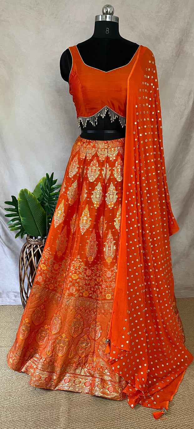 Orange Banarsi silk lehanga