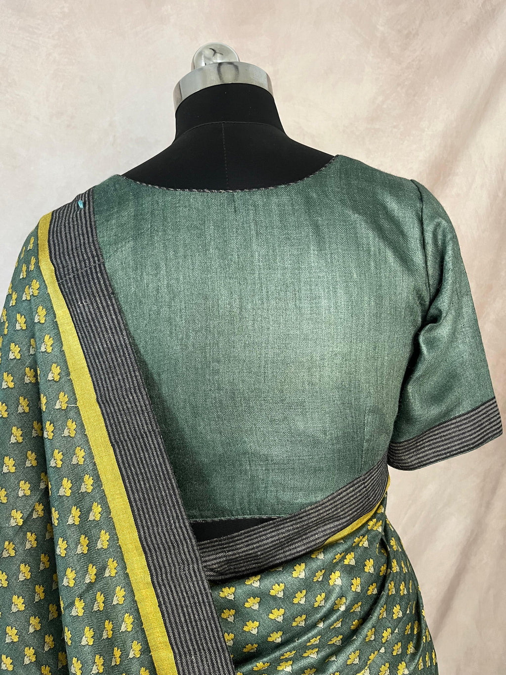 Printed blended tussar silk saree with stitched blouse