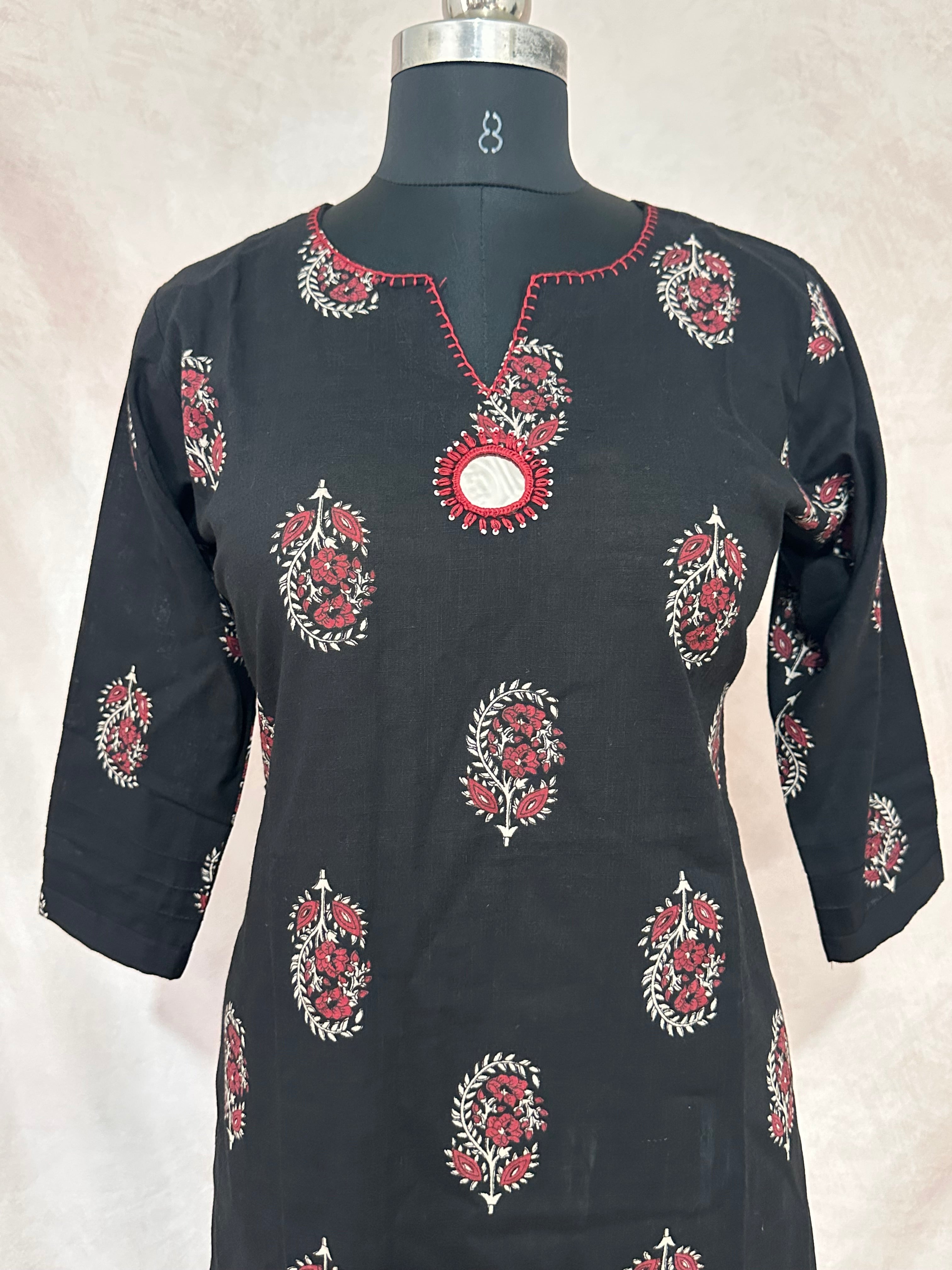 Black printed cotton kurti with mirror work
