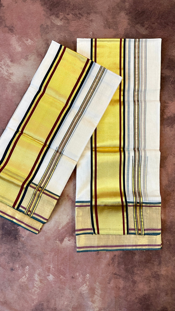 Handloom set mundu with maroon and green border