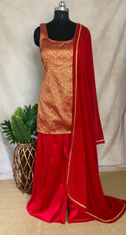 Red Banarsi brocade silk short kuti with flared palazzo