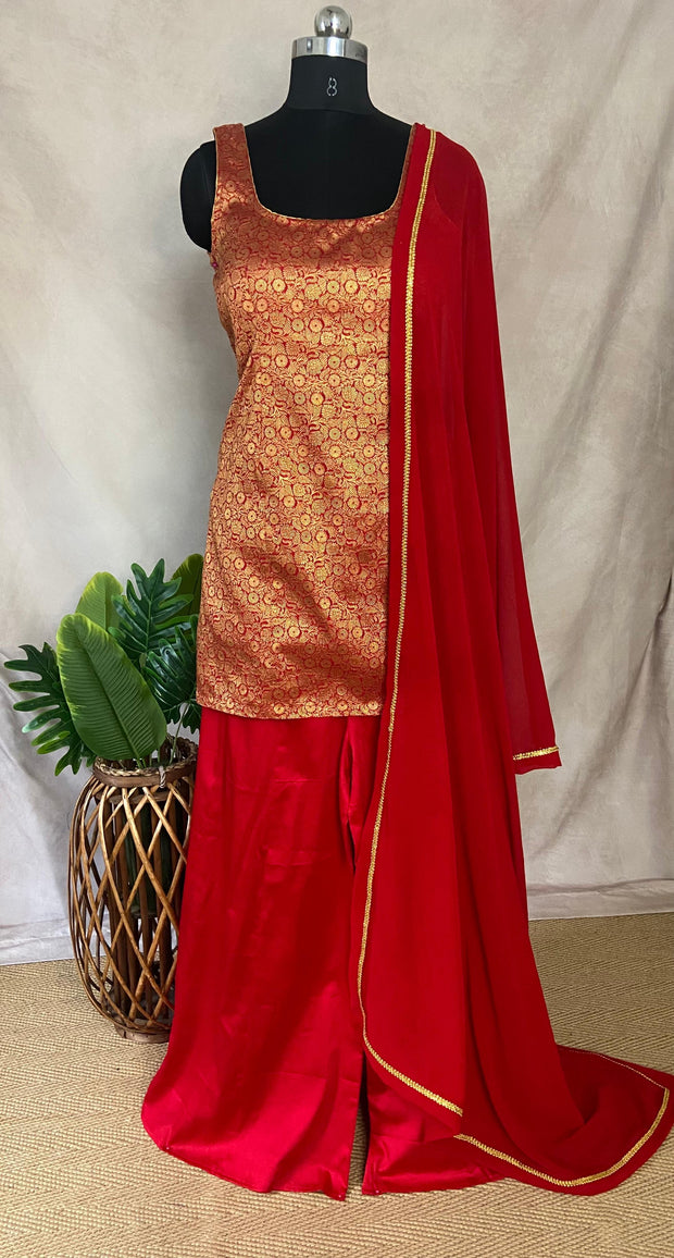 Red Banarsi brocade silk short kuti with flared palazzo