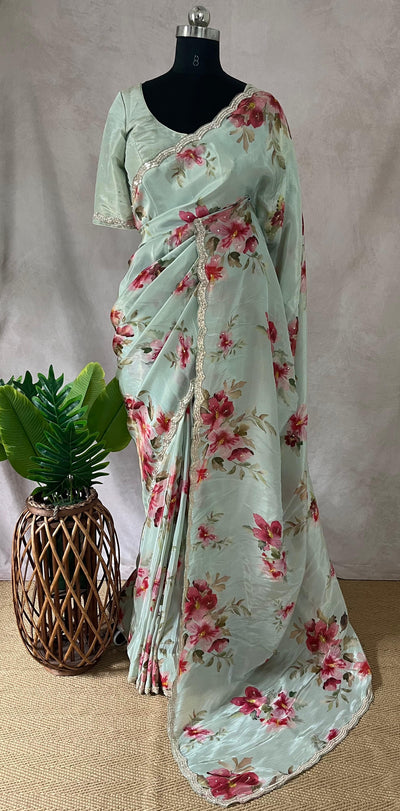 Tissue crepe silk saree with sequins border, stitched blouse