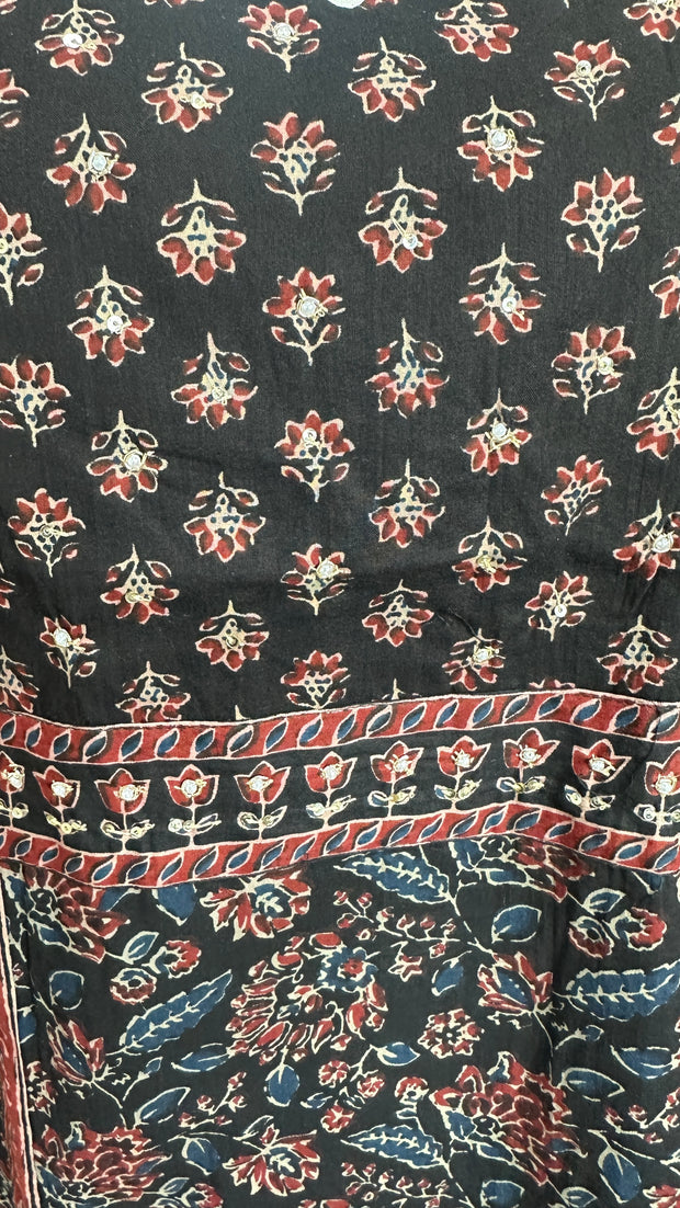 Black ajrakh cotton kurti set with hand embroidery