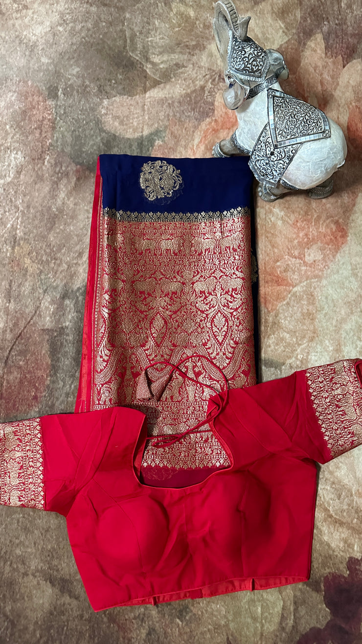 Khaddi georgette banarsi silk saree with stitched blouse