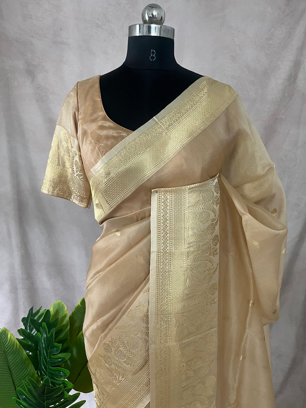 Sandal color pure organza silk saree with katan border and stitched blouse