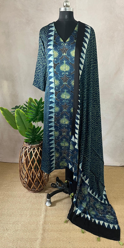 Modal silk kurti with Ajrakh hand block print