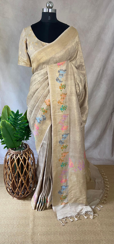 Beige tussar brocade saree with meenakari weave, stitched blluse