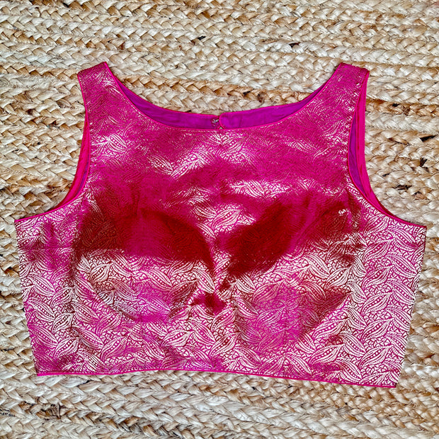 High-neck pink brocade blouse