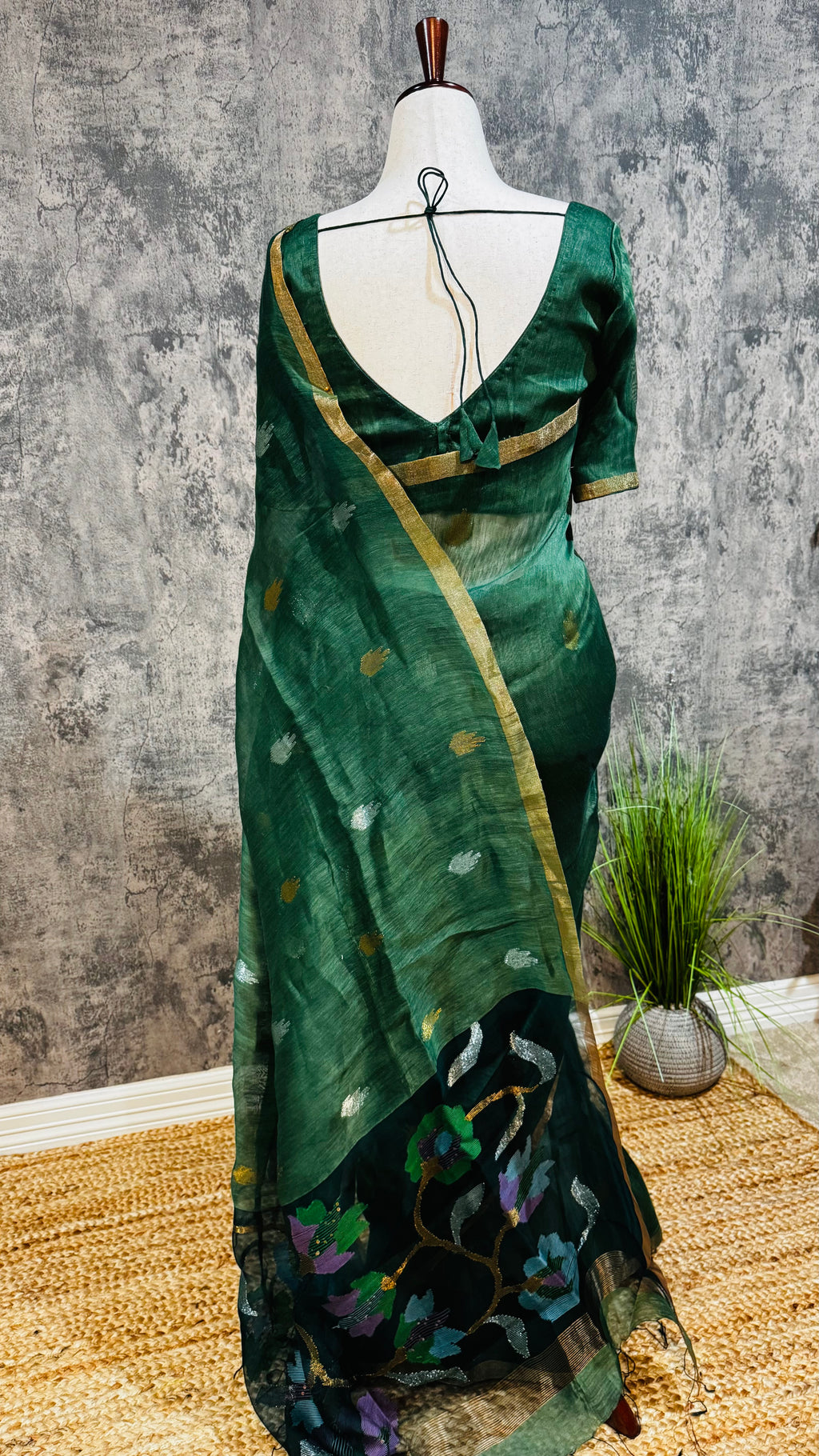 Pure silk linen saree with jamdani weave and stitched blouse
