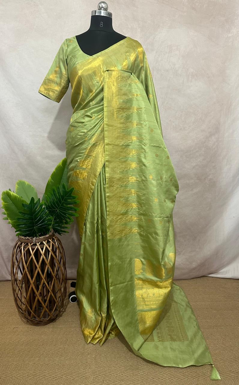 handloom pure silk pista green gadwal silk saree with stitched blouse